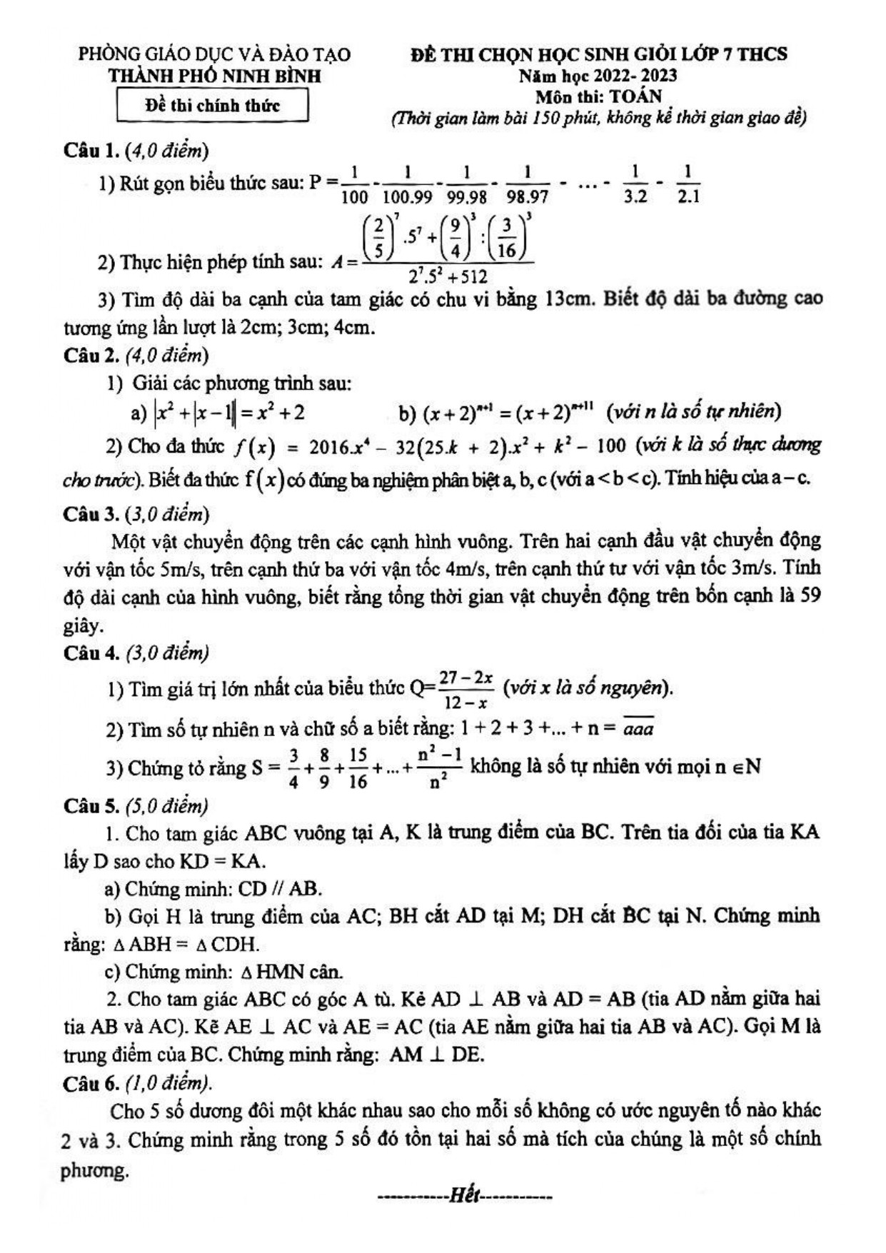 Đề thi HSG Toán 7 năm 2023 Phòng GD&ĐT Thành phố Ninh Bình (có đáp án) (ảnh 1)