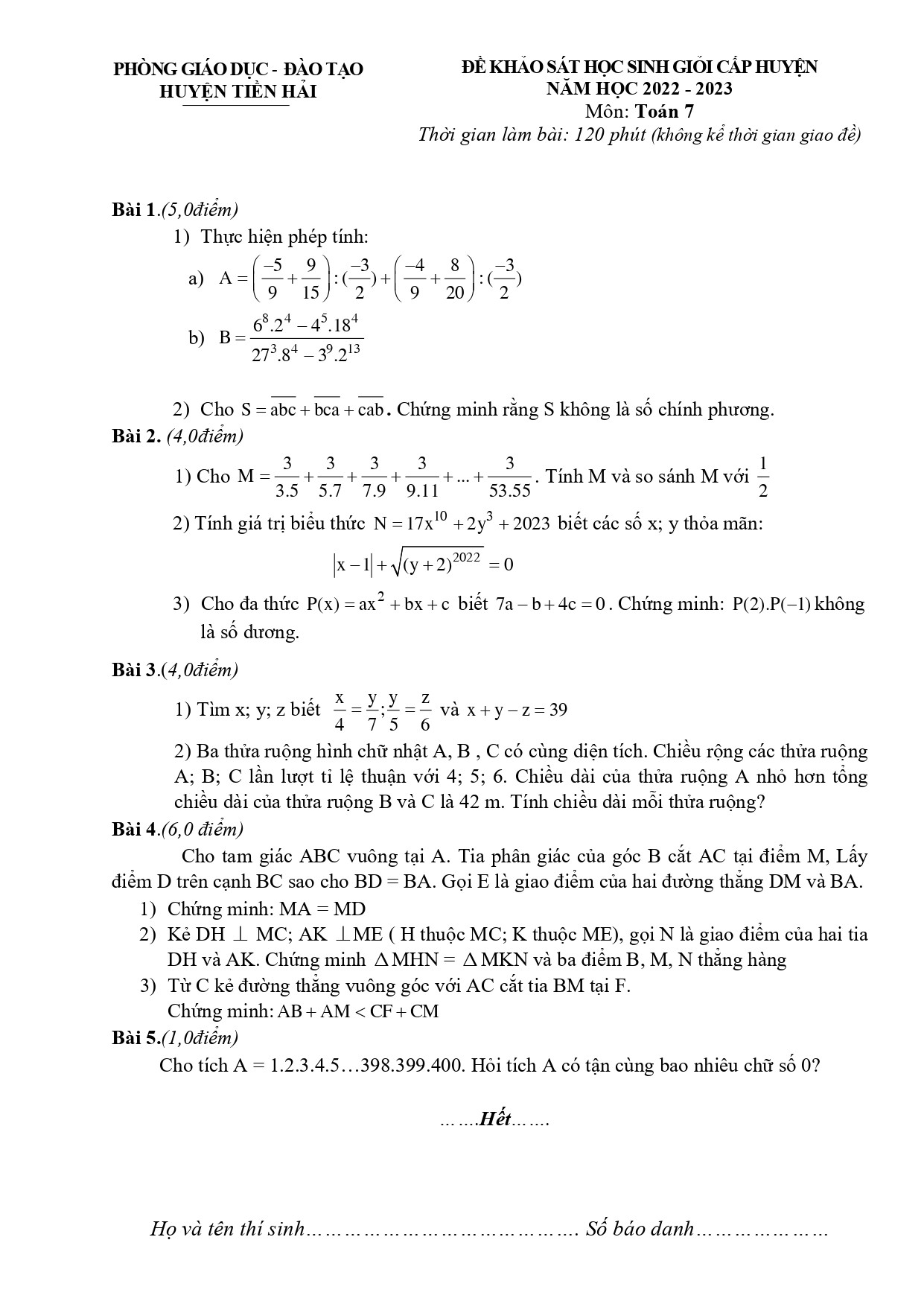 Đề thi HSG Toán 7 năm 2023 Phòng GD&ĐT Tiền Hải - Thái Bình (có đáp án) (ảnh 1)