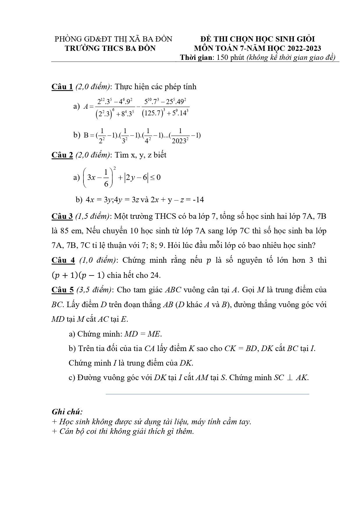 Đề thi HSG Toán 7 năm 2023 Phòng GD&ĐT Ba Đồn - Quảng Bình (có đáp án) (ảnh 1)