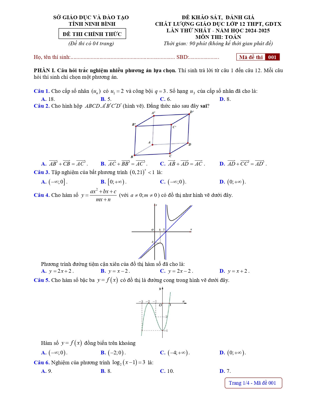 Đề thi thử THPT Quốc gia 2025 môn Toán Sở GD&ĐT Ninh Bình có đáp án (ảnh 1)