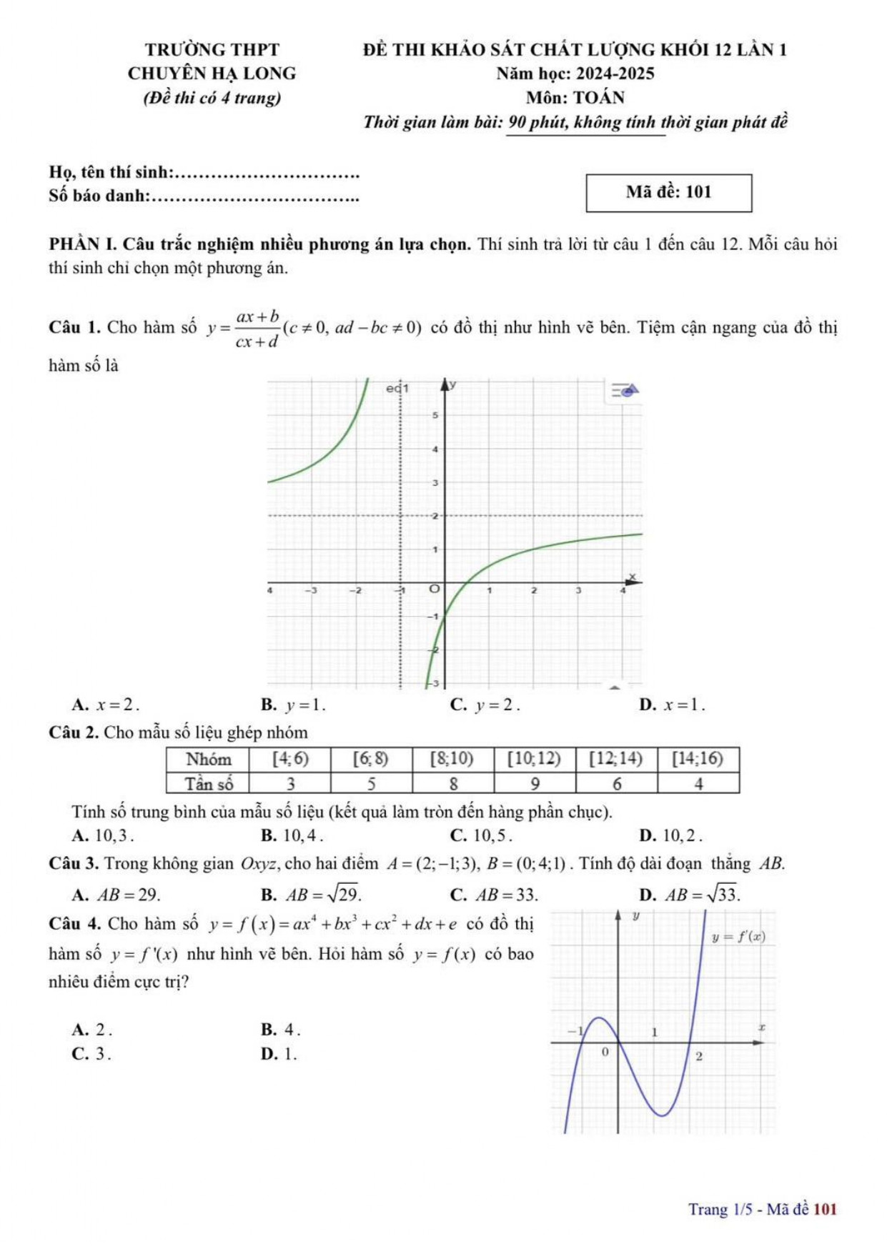 Đề thi thử THPT Quốc gia 2025 môn Toán THPT Chuyên Hạ Long (Quảng Ninh) có đáp án  (ảnh 1)