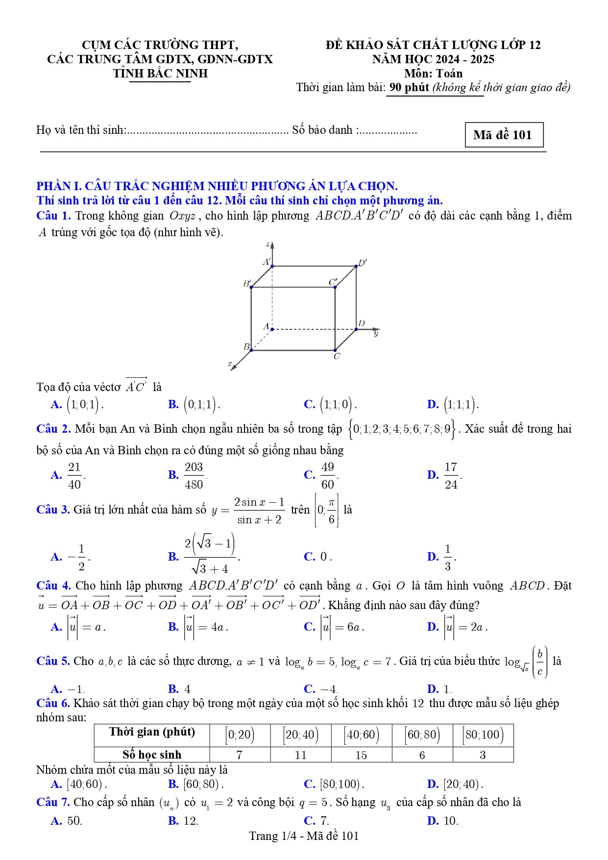 Đề thi thử THPT Quốc gia 2025 môn Toán cụm các trường THPT Bắc Ninh có đáp án (ảnh 1)