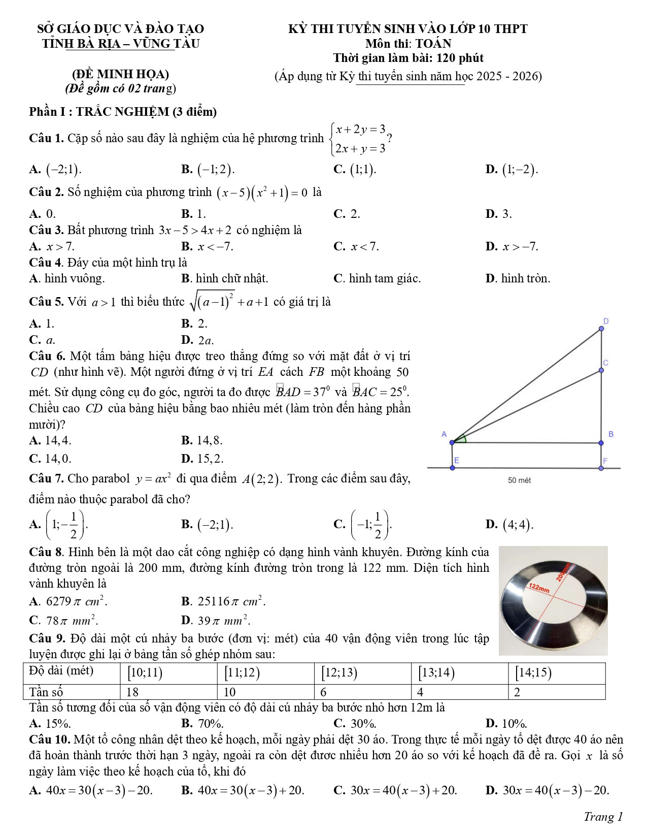 Đề thi thử vào 10 môn Toán (năm 2025 - 2026) Sở GD&ĐT Bà Rịa - Vũng Tàu có đáp án (ảnh 1)