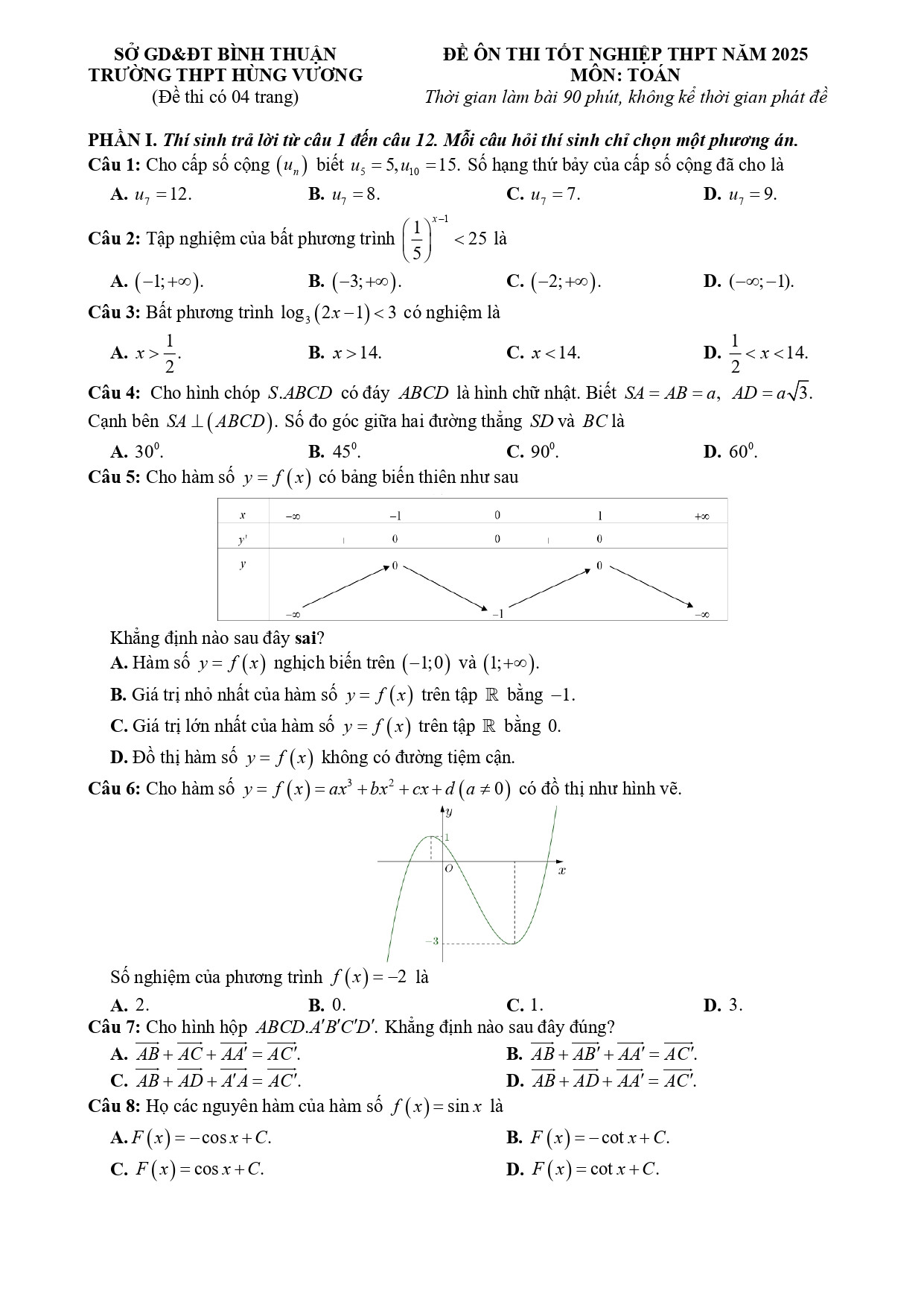 Đề thi thử THPT Quốc gia 2025 môn Toán THPT Hùng Vương (Bình Thuận) có đáp án (ảnh 1)