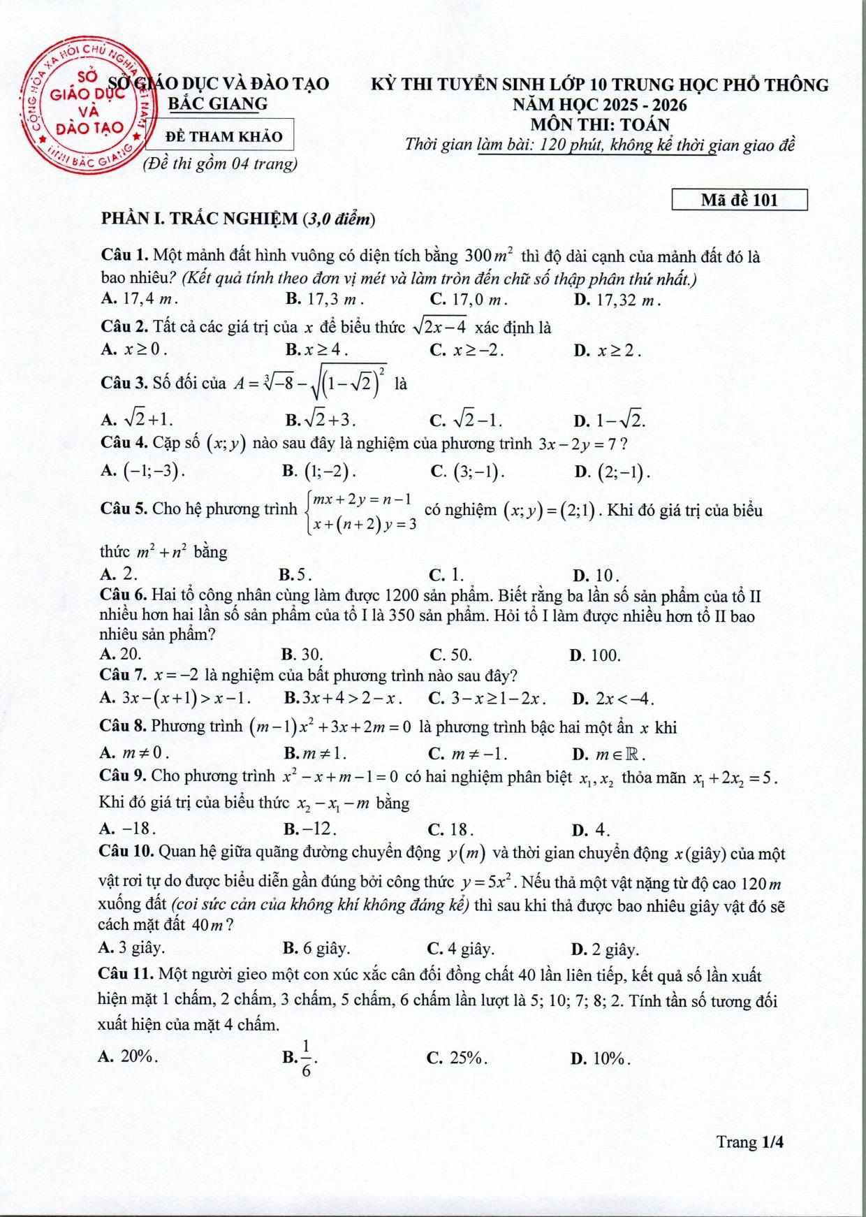 Đề thi thử vào 10 môn Toán (năm 2025 - 2026) Sở GD&ĐT Bắc Giang có đáp án (ảnh 1)