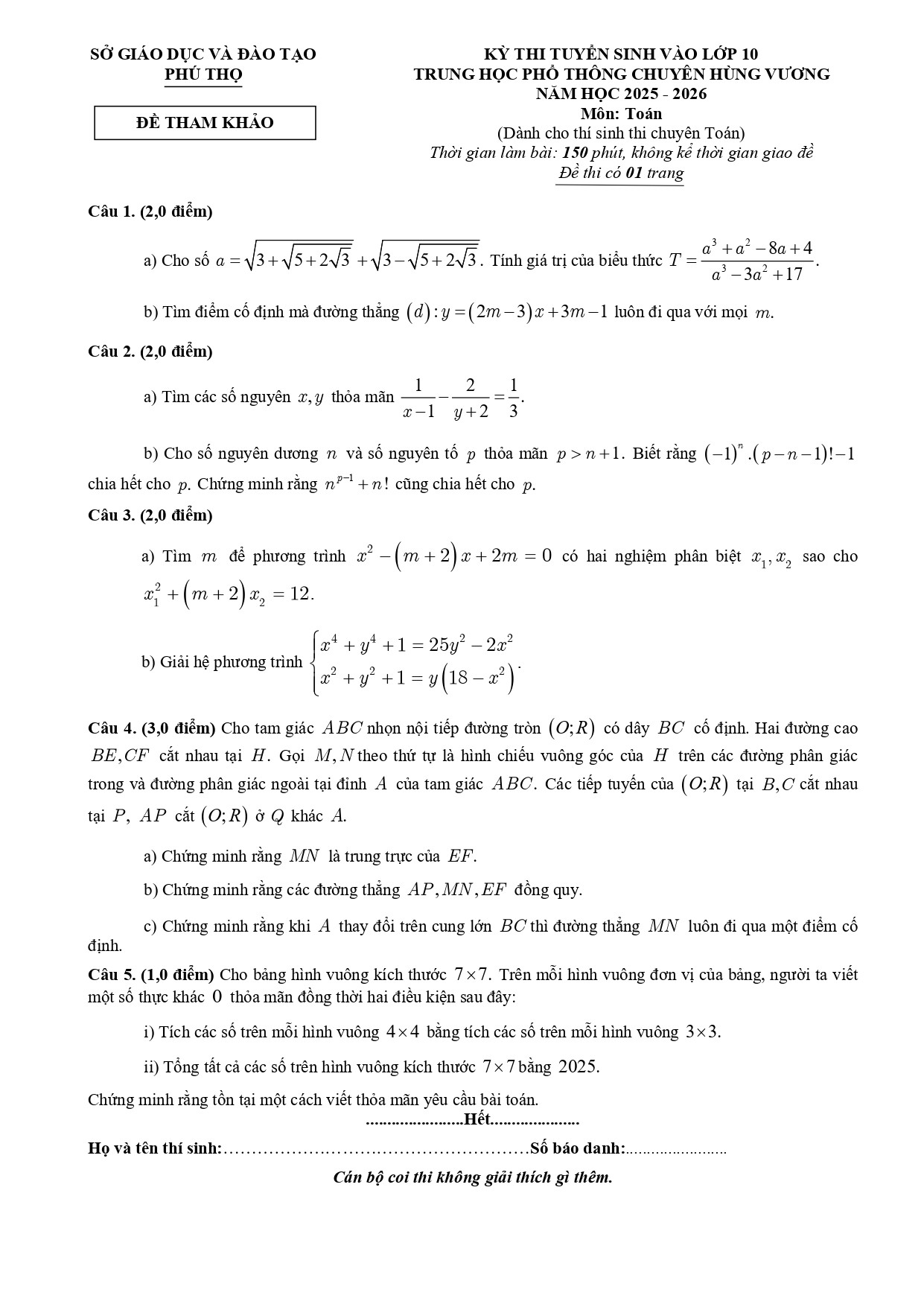 Đề thi thử vào 10 môn Toán (năm 2025 - 2026) THPT Chuyên Hùng Vương - Phú Thọ có đáp án (ảnh 1)