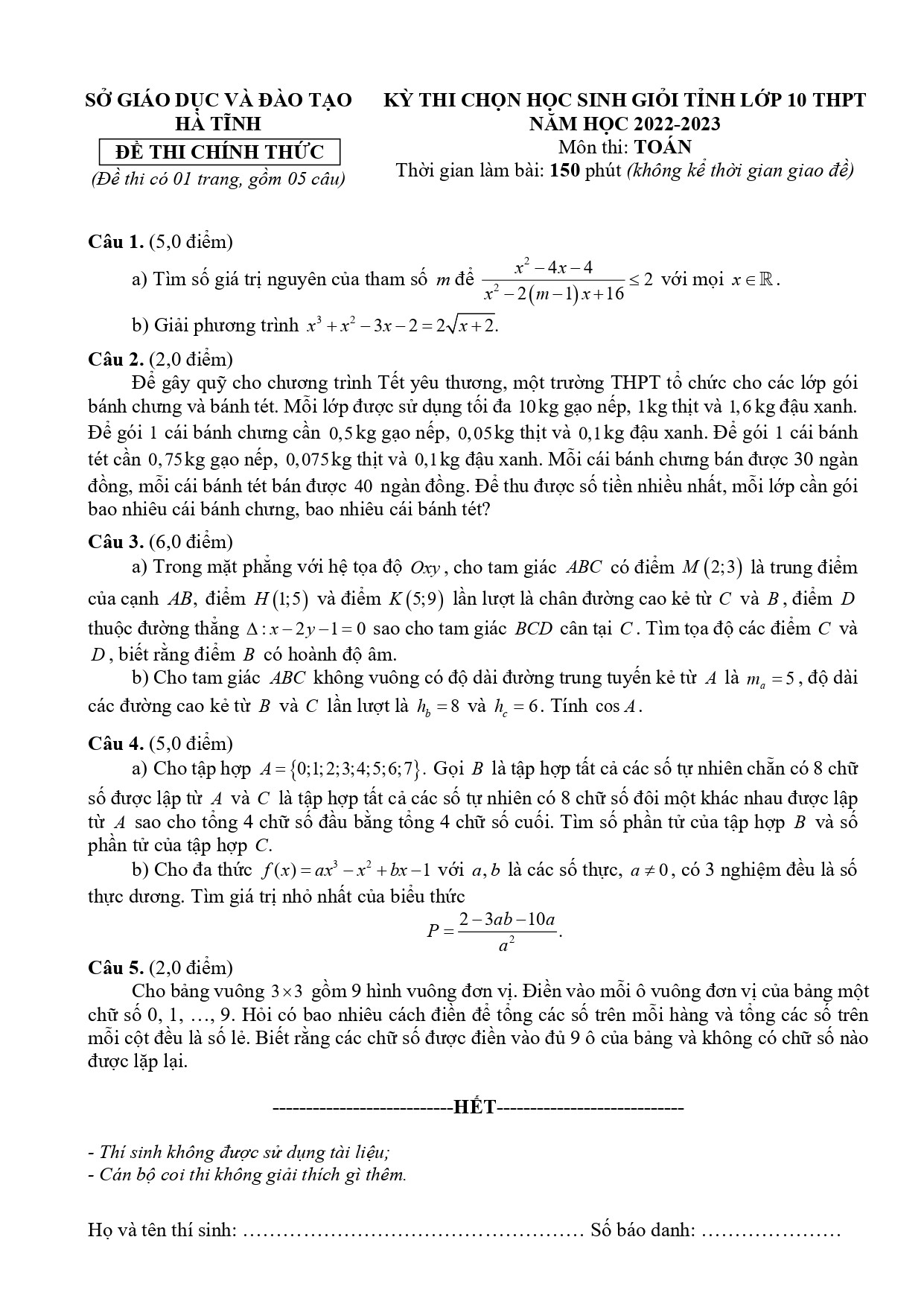 Đề thi HSG Toán 10 năm 2023 Sở GD&ĐT Hà Tĩnh (có đáp án)  (ảnh 1)