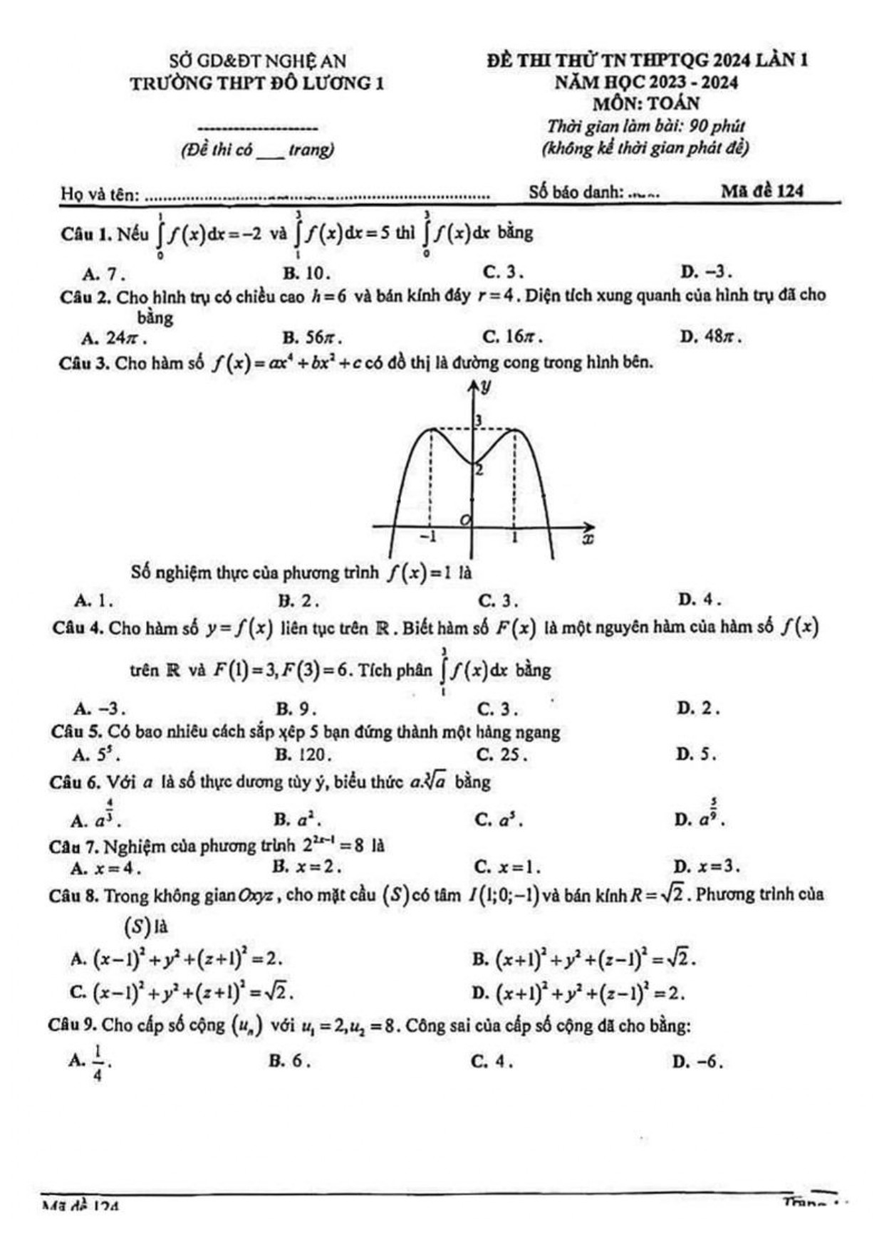 Đề thi thử THPT Quốc gia 2024 môn Toán trường THPT Đô Lương 1 (Nghệ An) có đáp án (ảnh 1)