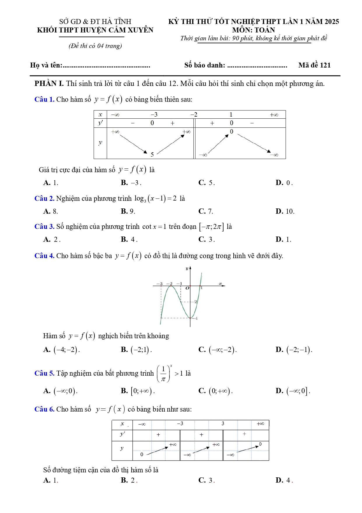 Đề thi thử THPT Quốc gia 2025 môn Toán khối THPT Huyện Cẩm Xuyên (Hà Tĩnh) có đáp án (ảnh 1)