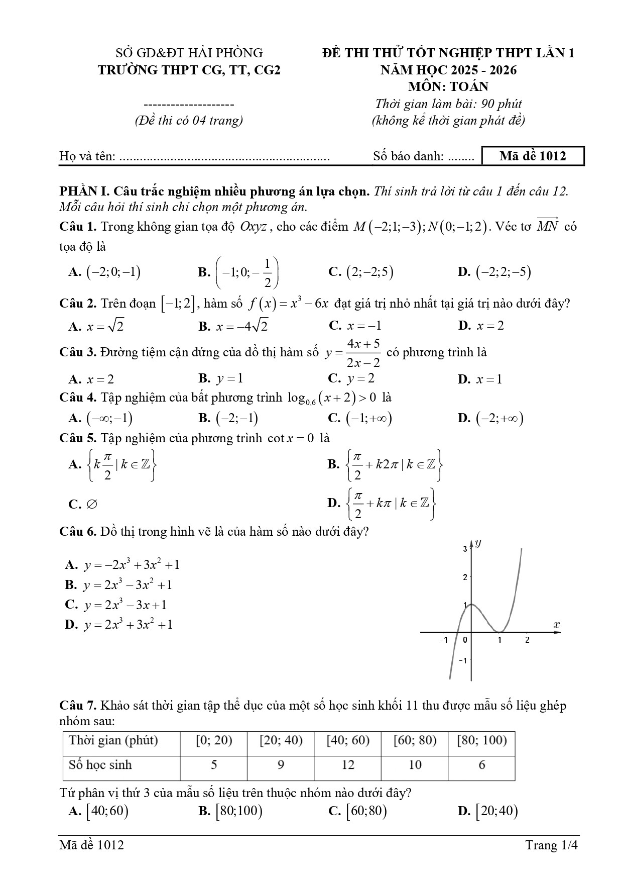 Đề thi thử THPT Quốc gia 2026 môn Toán trường THPT CG, TT, CG2 (Hải Phòng) có đáp án (ảnh 1)