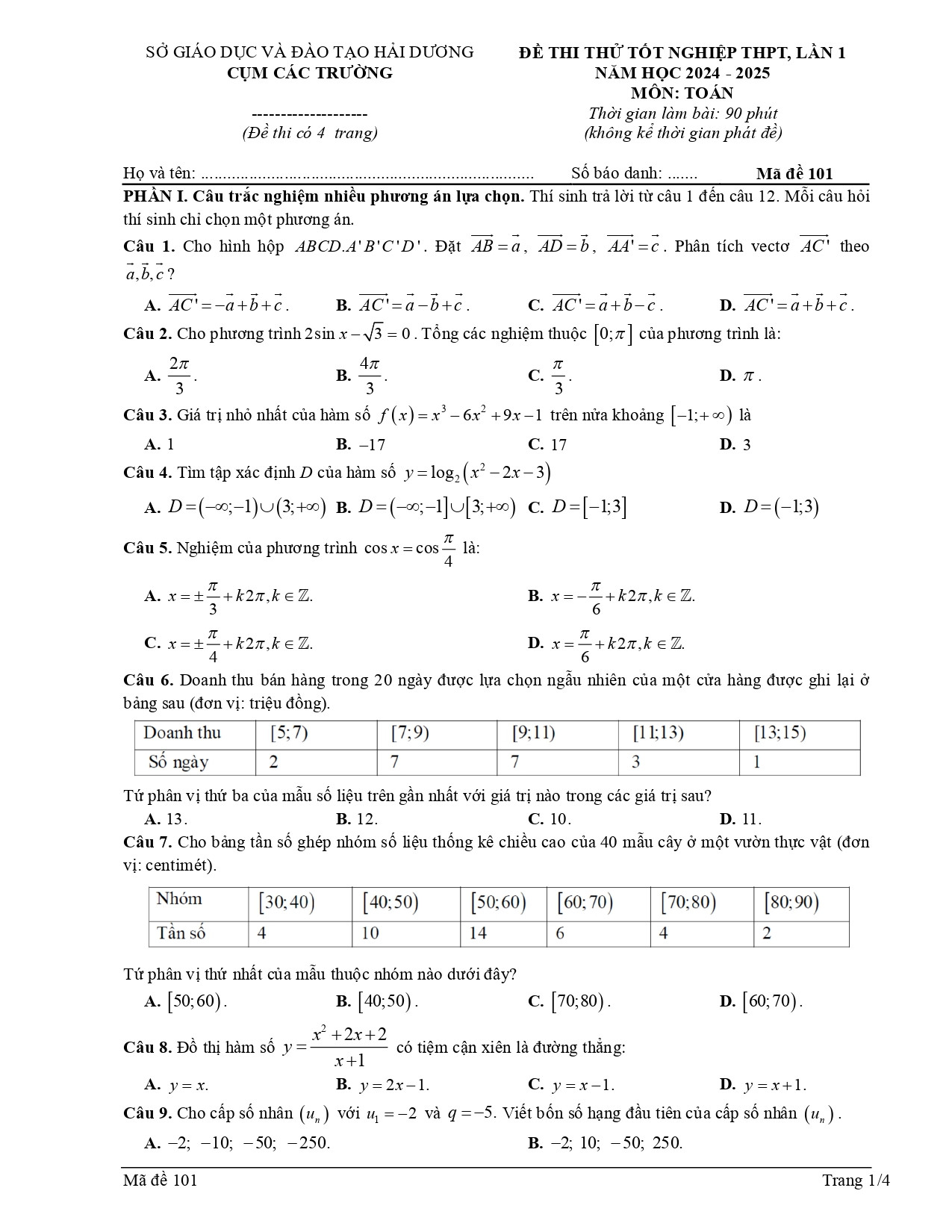 Đề thi thử THPT Quốc gia 2025 môn Toán cụm các trường THPT Hải Dương có đáp án (ảnh 1)