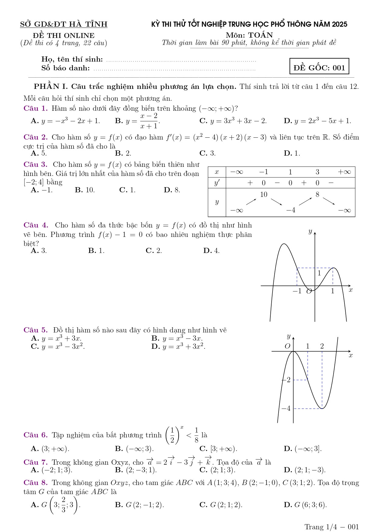 Đề thi thử THPT Quốc gia 2025 môn Toán Sở GD&ĐT Hải Dương có đáp án (ảnh 1)