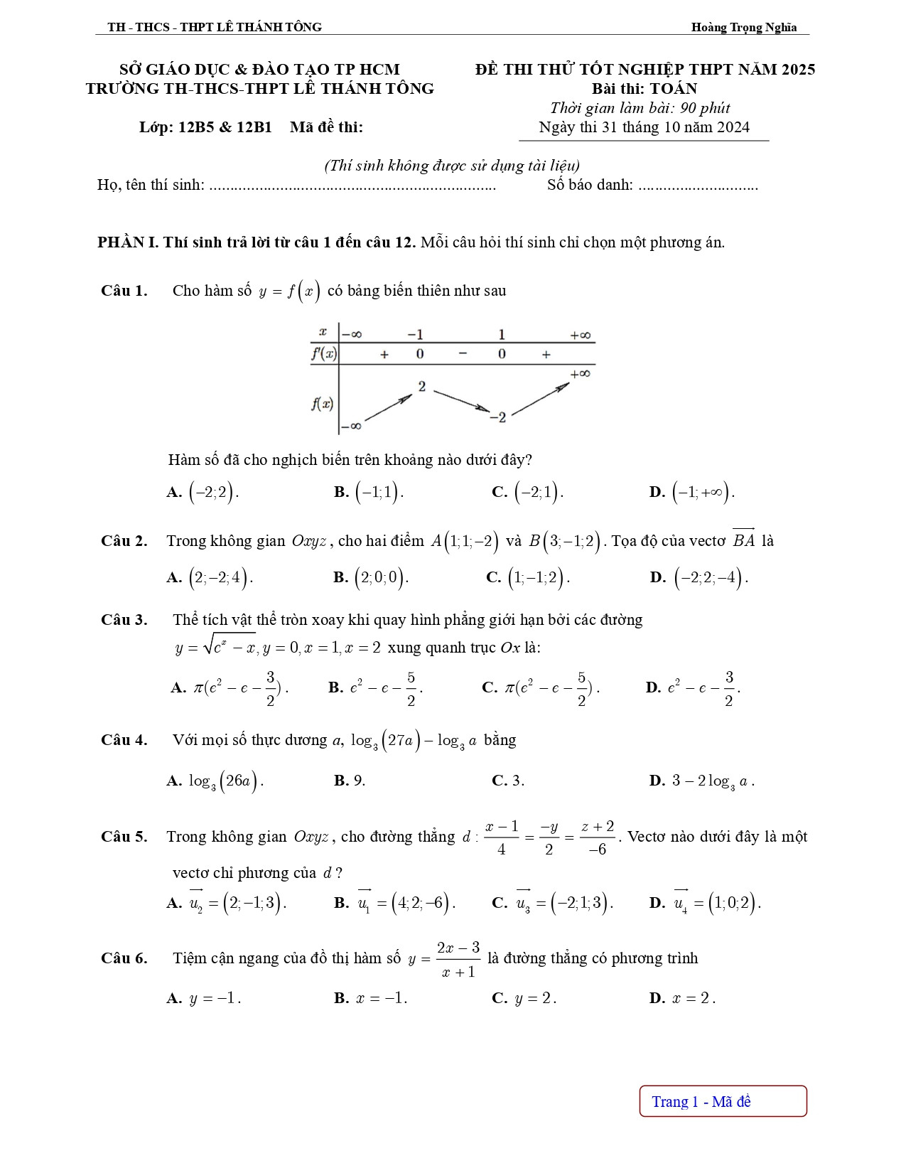 Đề thi thử THPT Quốc gia 2025 môn Toán THPT Lê Thánh Tông (TP Hồ Chí Minh) có đáp án  (ảnh 1)