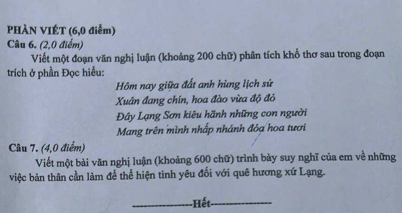 Đề thi vào 10 môn Văn chính thức Tỉnh Lạng Sơn (2025 - 2026) mới nhất kèm đáp án (ảnh 1)