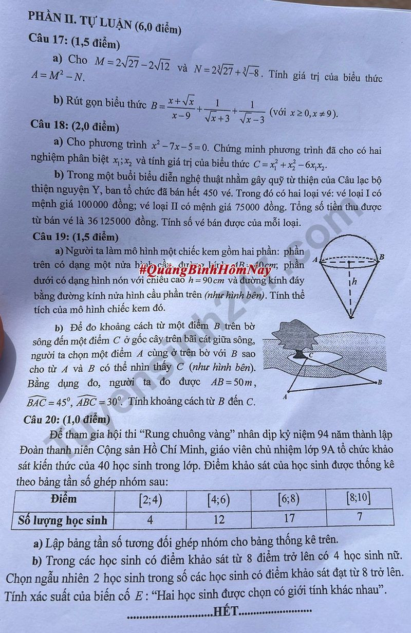 Đề thi vào 10 môn Toán chính thức Tỉnh Quảng Bình (2025 - 2026) mới nhất kèm đáp án (ảnh 1)