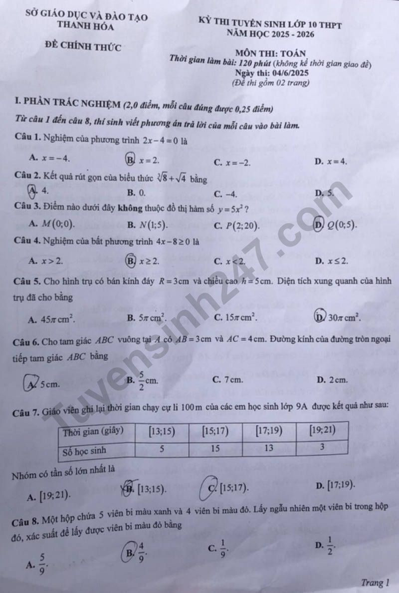 Đề thi vào 10 môn Toán chính thức Tỉnh Thanh Hóa (2025 - 2026) mới nhất kèm đáp án (ảnh 1)