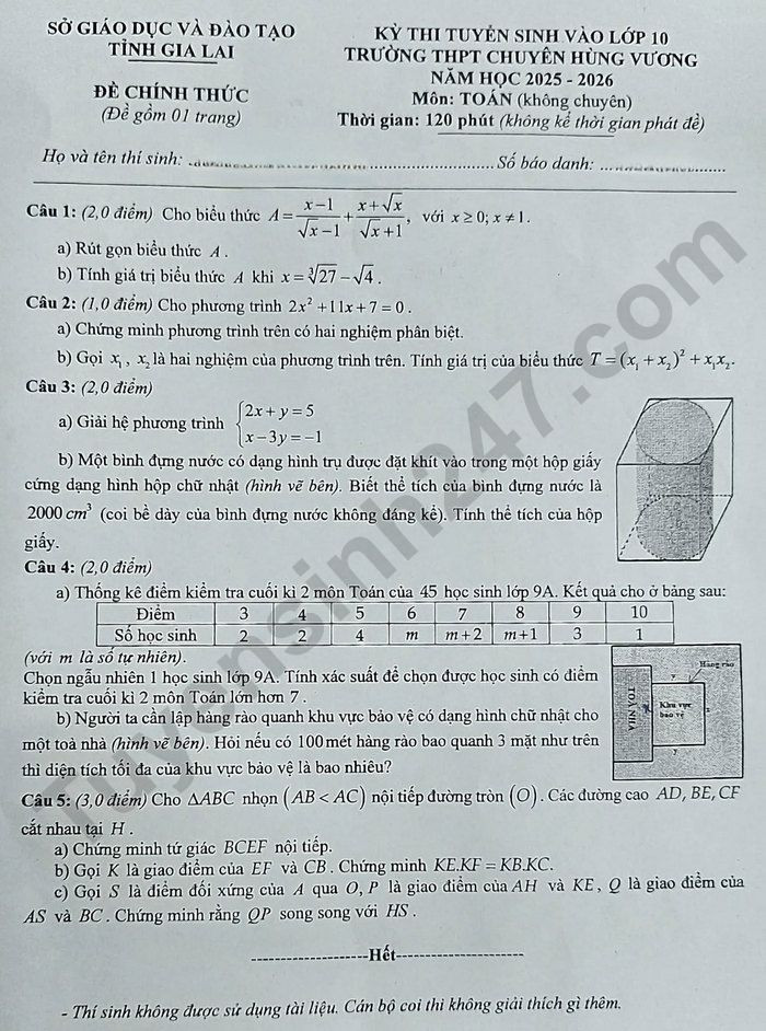 Đề thi vào 10 môn Toán chính thức Tỉnh Gia Lai (2025 - 2026) mới nhất kèm đáp án (ảnh 1)