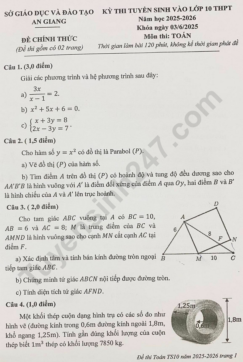 Đề thi v&agrave;o 10 m&ocirc;n To&aacute;n ch&iacute;nh thức Tỉnh An Giang (2025 - 2026) mới nhất k&egrave;m đ&aacute;p &aacute;n (ảnh 1)