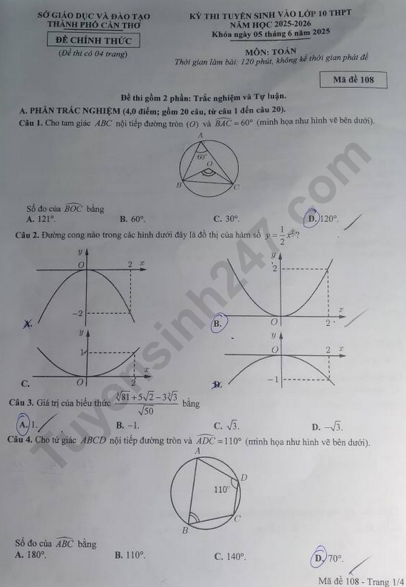 Đề thi vào 10 môn Toán chính thức TP Cần Thơ (2025 - 2026) mới nhất kèm đáp án (ảnh 1)