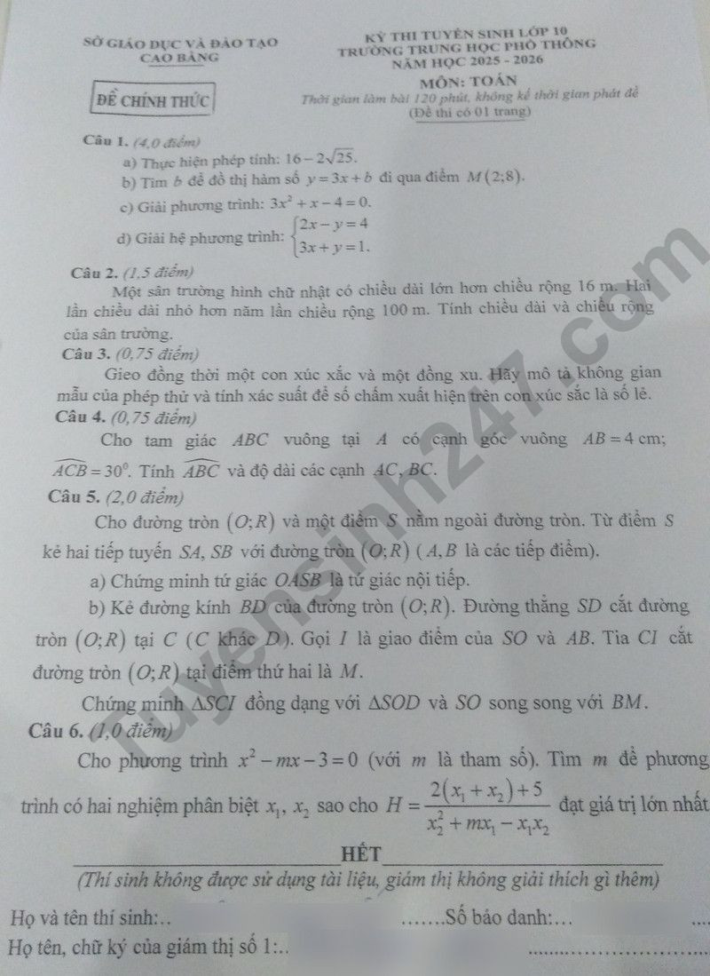 Đề thi vào 10 môn Toán chính thức Tỉnh Cao Bằng (2025 - 2026) mới nhất kèm đáp án (ảnh 1)