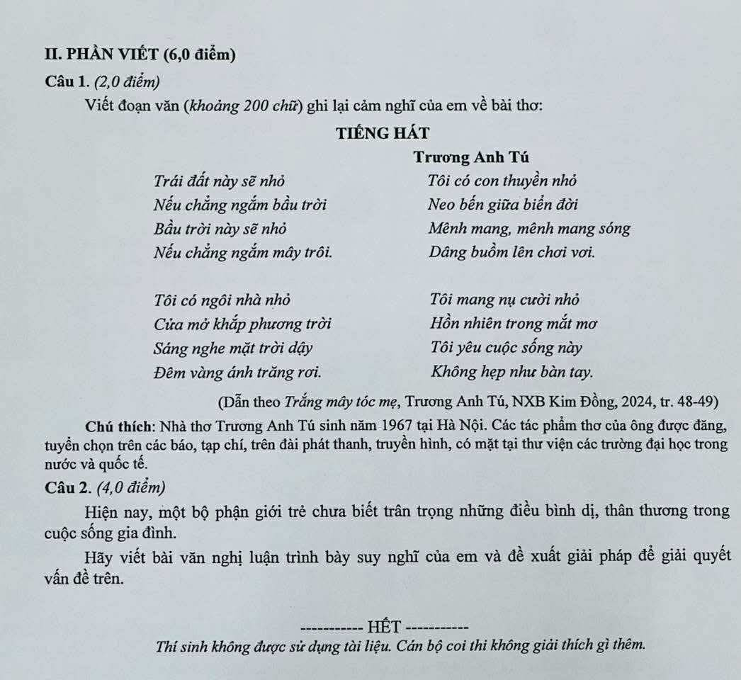 Đề thi vào 10 môn Văn chính thức TP Hải Phòng (2025 - 2026) mới nhất kèm đáp án (ảnh 1)