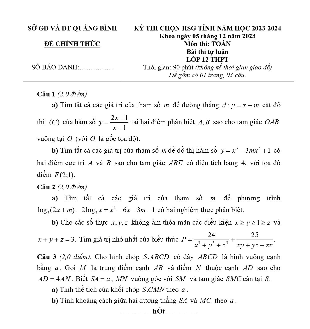 Đề thi HSG Toán 12 năm 2024 Sở GD&ĐT Quảng Bình (có đáp án)  (ảnh 1)