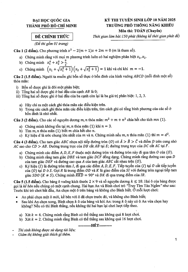 Đề thi vào 10 môn Toán (chuyên) chính thức Phổ thông Năng khiếu HCM (2025 - 2026) mới nhất kèm đáp án (ảnh 1)