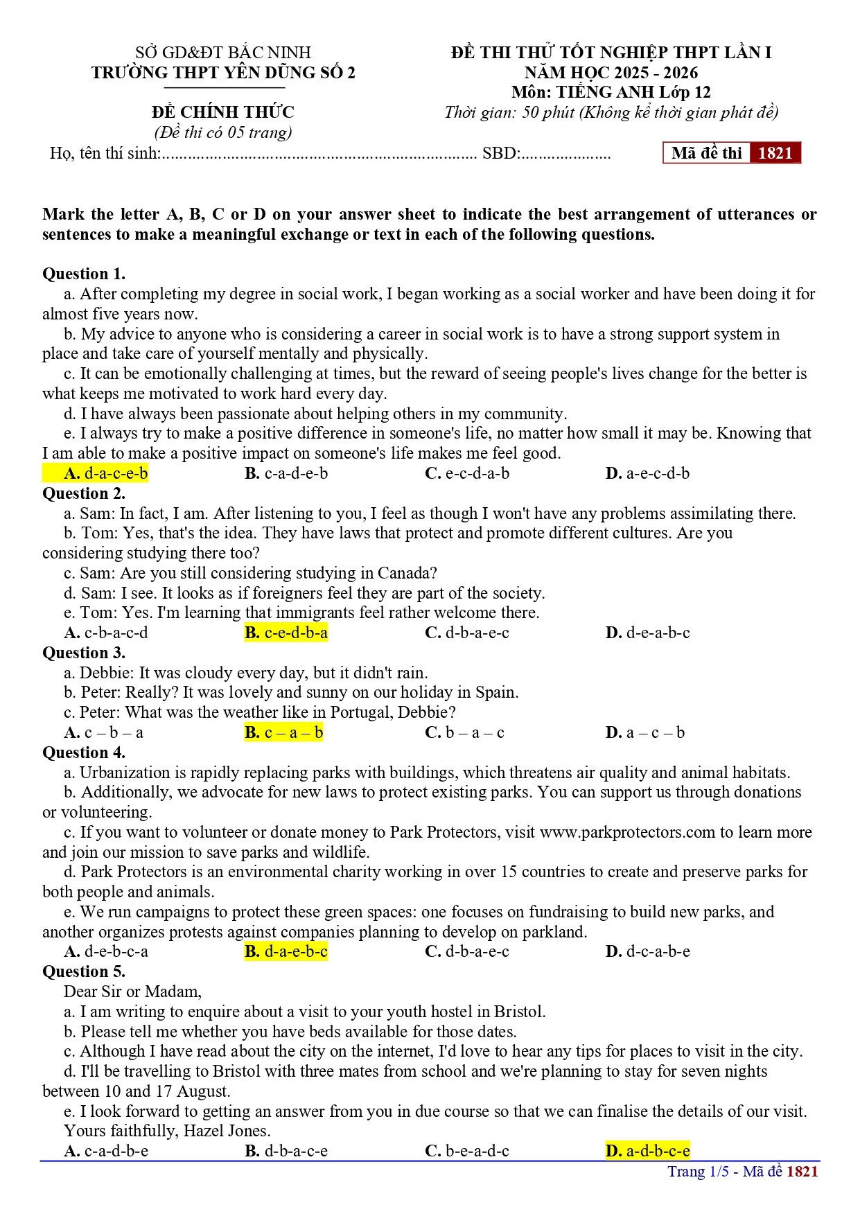 Đề thi thử THPT Quốc gia 2026 môn Tiếng Anh trường THPT Yên Dũng số 2 (Bắc Ninh) có đáp án (ảnh 1)