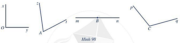 Đo các góc trong Hình 98 và chỉ ra góc nhọn, góc vuông, góc tù, góc bẹt (ảnh 1)