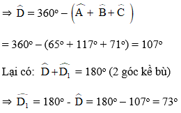 Tứ giác ABCD có góc A = 65 độ, góc B = 117 độ, góc C = 71 độ. Tính  (ảnh 1)