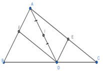 Cho hình 14 trong đó DE // AB, DF // AC. Chứng minh rằng điểm E đối xứng (ảnh 1)