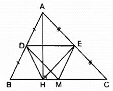 Cho tam giác ABC, đường cao AH. Gọi D, E, M theo thứ tự là trung điểm (ảnh 1)