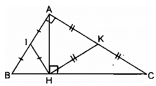 Cho tam giác ABC vuông tại A, đường cao AH. Gọi I, K theo thứ tự là trung điểm (ảnh 1)