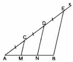 Cho đoạn thẳng AB, kẻ tia Ax bất kỳ, lấy các điểm C, D, E sao cho AC = CD = DE (ảnh 1)