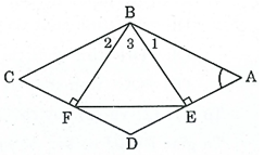 Hình thoi ABCD có góc A = 60 độ. Kẻ hai đường cao BE, BF (ảnh 1)