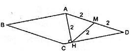 Hình thoi ABCD có chu vi bằng 16cm, đường cao AH = 2cm (ảnh 1)