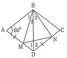 Hình thoi ABCD có góc A = 60°. Trên cạnh AD lấy điểm M (ảnh 1)