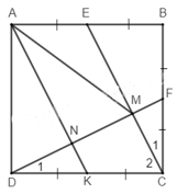 Cho hình vuông ABCD. Gọi E, F theo thứ tự là trung điểm của AB, BC (ảnh 1)