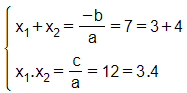 Dùng hệ thức Vi-et để tính nhẩm các nghiệm của phương trình. x^2 – 7x + 12 = 0 (ảnh 1)