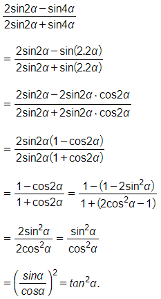 Rút gọn biểu thức (2sin 2anpha -  sin 4anpha)/(2sin 2anpha + sin 4anpha) (ảnh 1)
