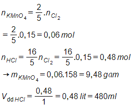 Cần bao nhiêu gam KMnO4 và bao nhiêu ml dung dịch axit clohiđric 1M để điều chế (ảnh 1)