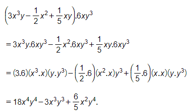 Làm tính nhân: (3 x^3 y -1/2 x^2 +1/5 xy).6xy^3 (ảnh 1)