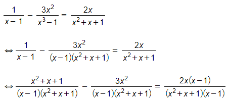 Giải các phương trình [ 1/(x - 1) ] - [ (3x^2)/(x^3 - 1) ] = (2x)/(x^2 + x + 1) (ảnh 1)