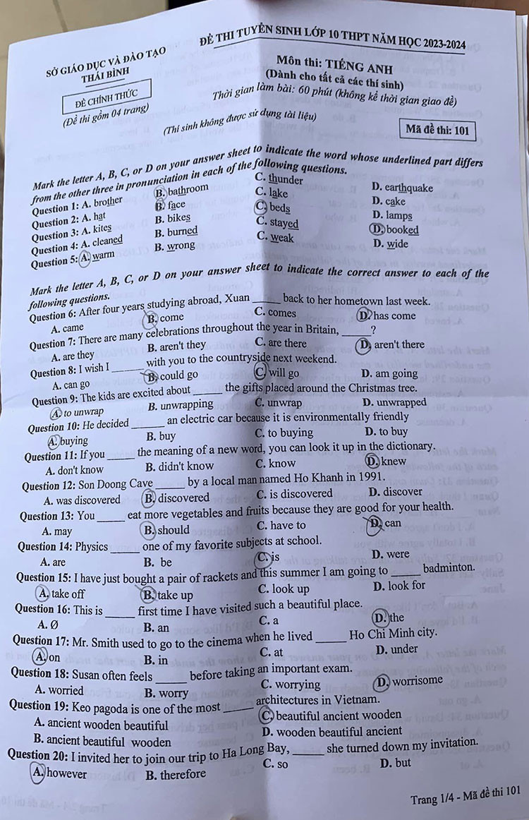 Đề thi vào 10 môn Tiếng Anh Tỉnh Thái Bình (2023 - 2024) mới nhất kèm đáp án (ảnh 1)