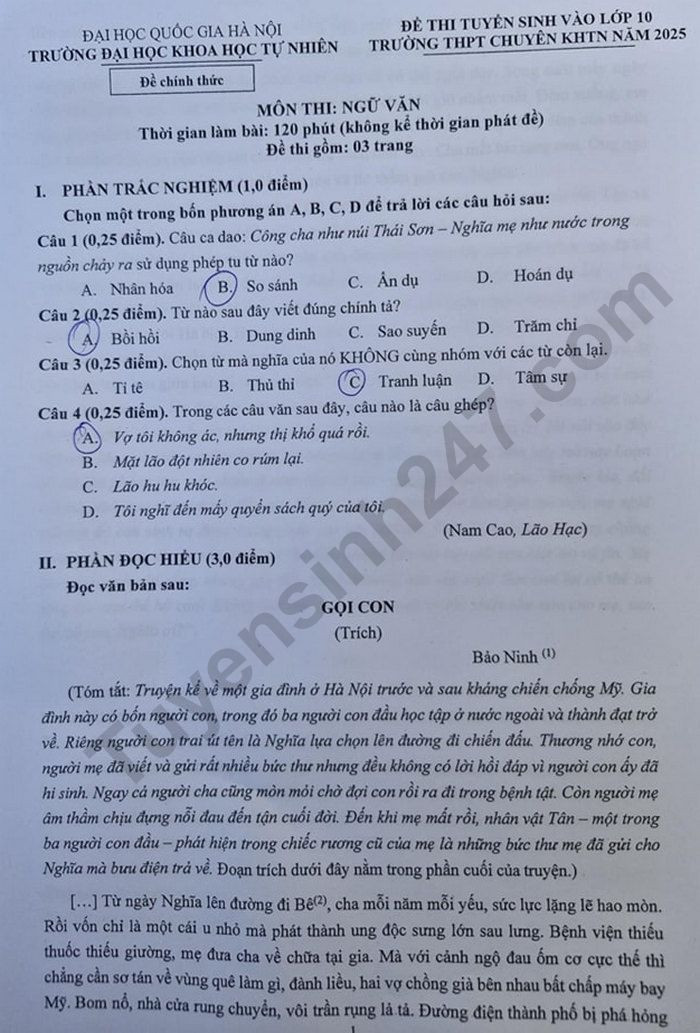 Đề thi vào 10 môn Văn chính thức THPT chuyên Khoa học tự nhiên ĐHQGHN (2025 - 2026) mới nhất kèm đáp án (ảnh 1)