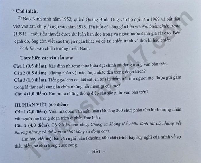 Đề thi vào 10 môn Văn chính thức THPT chuyên Khoa học tự nhiên ĐHQGHN (2025 - 2026) mới nhất kèm đáp án (ảnh 1)