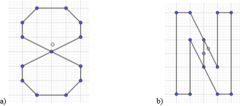 Vẽ lại các hình bên vào giấy kẻ ô vuông rồi vẽ thêm để được một hình nhận điểm O là tâm đối xứng (ảnh 1)
