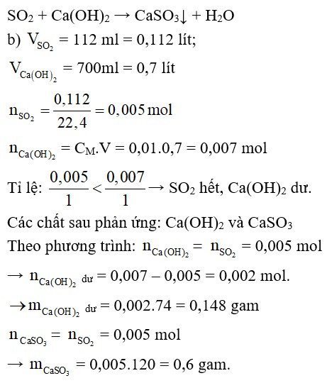 Dẫn 112 ml khí SO2 (đktc) đi qua 700 ml dung dịch Ca(OH)2 có nồng độ 0,01 M (ảnh 1)