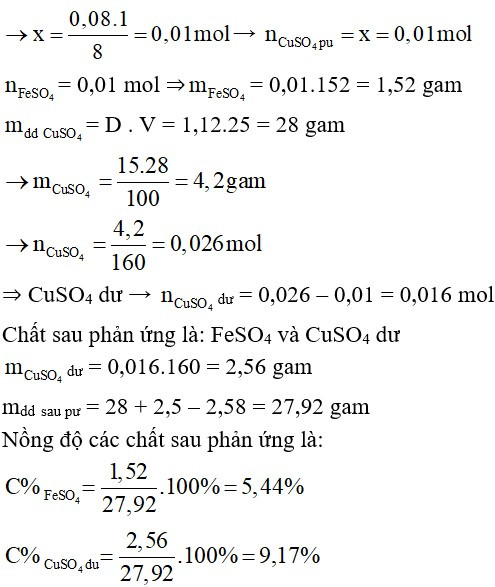 Ngâm một lá sắt có khối lượng 2,5 gam trong 25 ml dung dịch CuSO4 15% có khối lượng riêng là 1,12 g/ml (ảnh 1)
