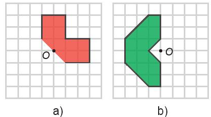 Vẽ lại các hình sau vào giấy kẻ ô vuông rồi vẽ thêm để được một hình nhận điểm O là tâm đối xứng (ảnh 1)